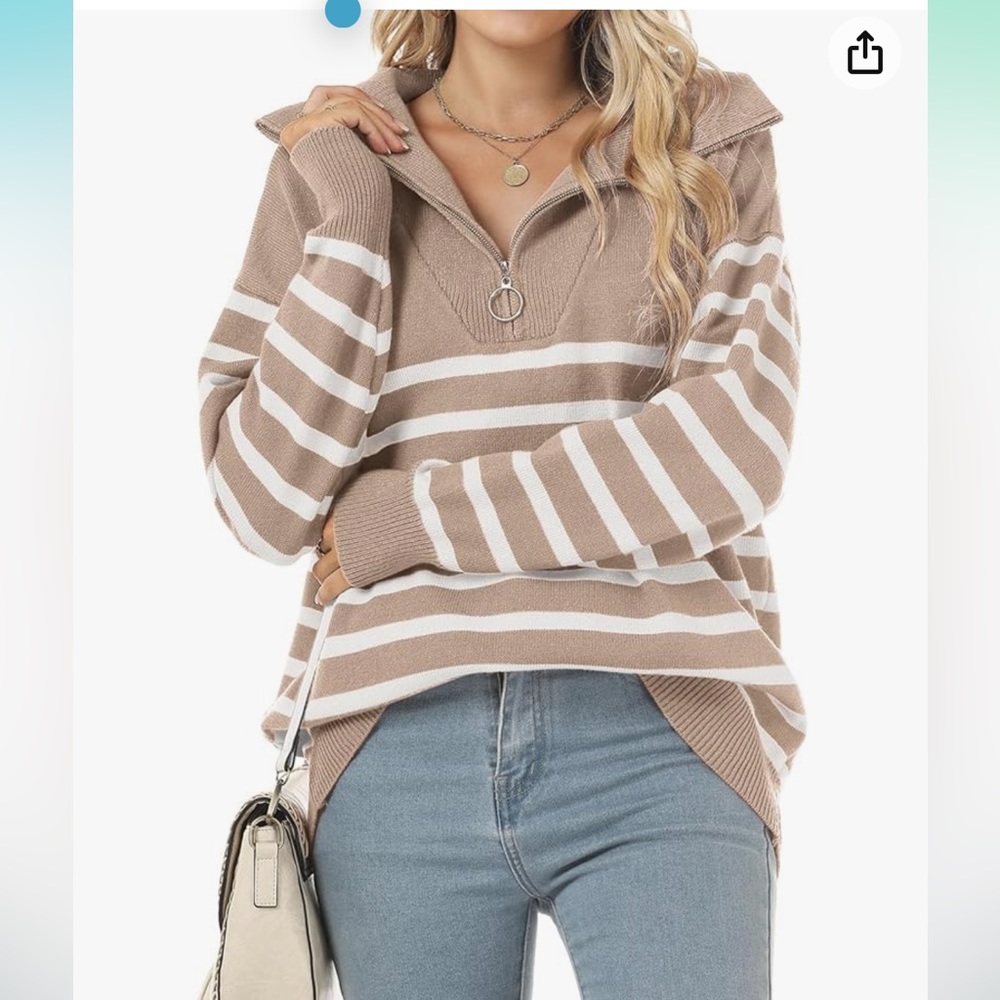 Striped Sweaters Half-Zip Long Sleeve Oversized Pullover - Picture 3 of 12